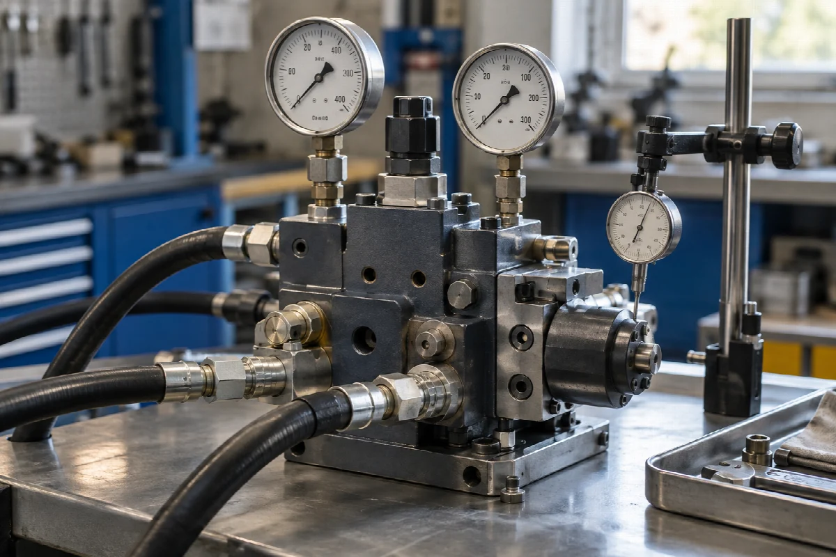 Podzespół hydrauliczny podłączony do stołu probierczego z manometrami — wizualizacja AI.