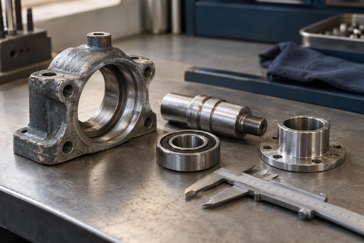 Disassembled mechanical unit with housing, shaft and bearing — AI illustration.