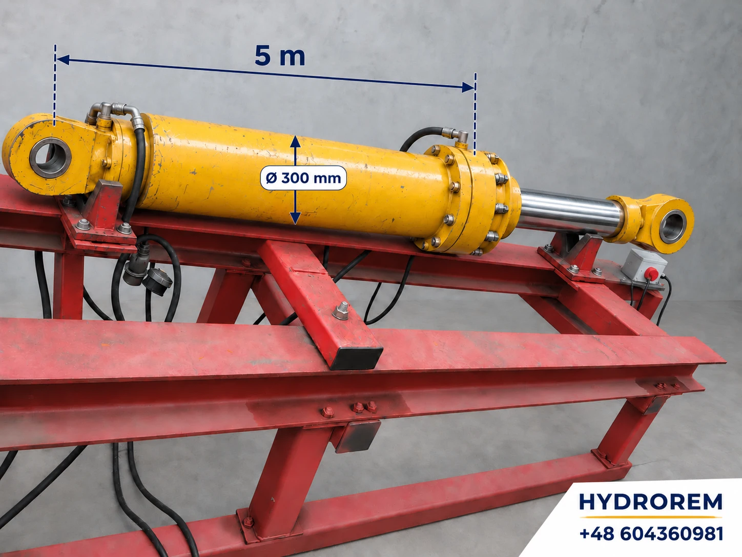 Hydraulic cylinder Ø 300 mm, body up to 5 m excluding the extended rod — HYDROREM capability illustration.