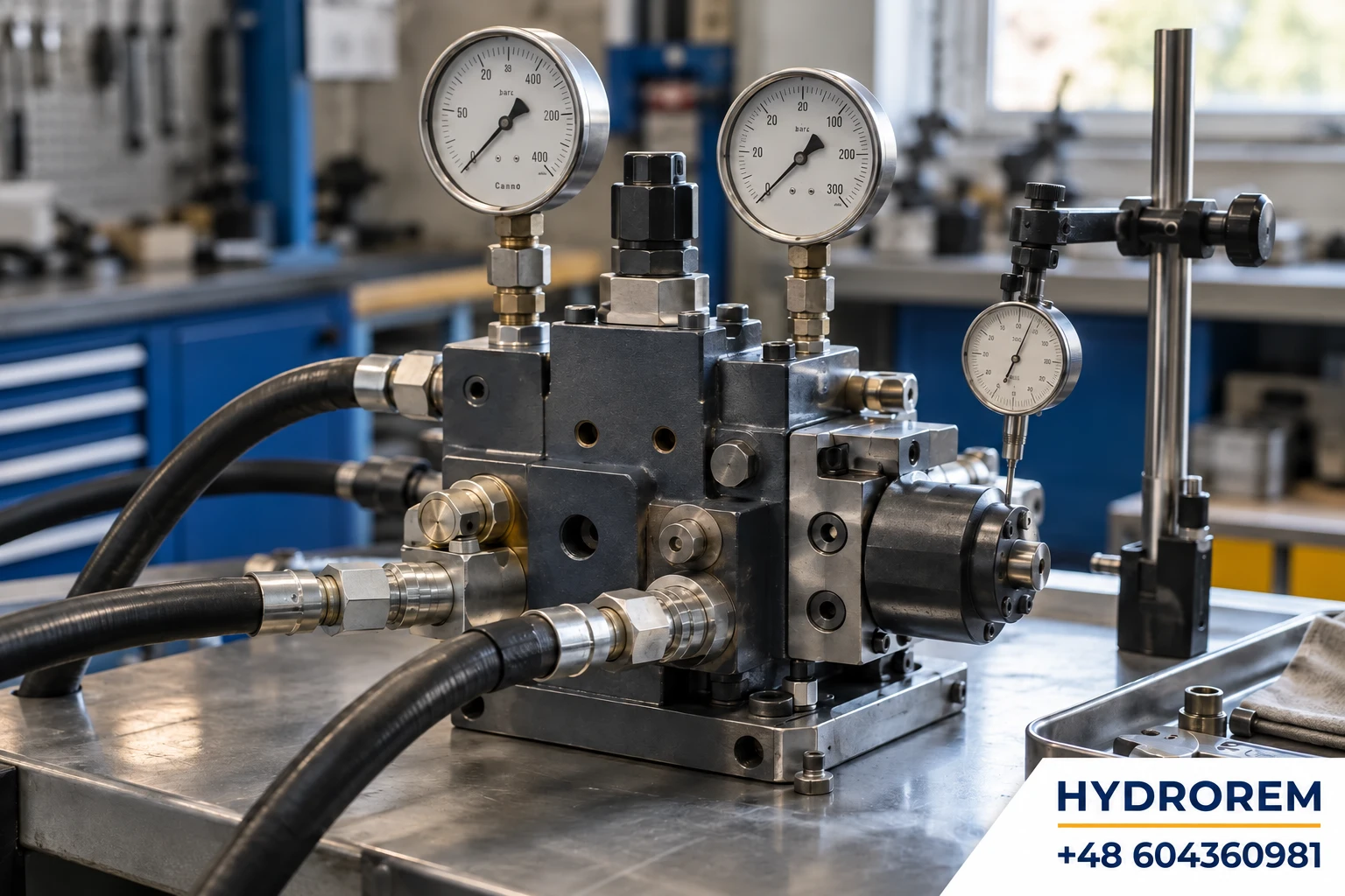 Podzespół hydrauliczny podłączony do stołu probierczego z manometrami