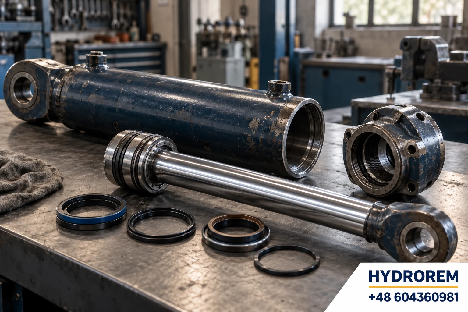 Rozłożony siłownik hydrauliczny z tłoczyskiem i uszczelnieniami na stole warsztatowym