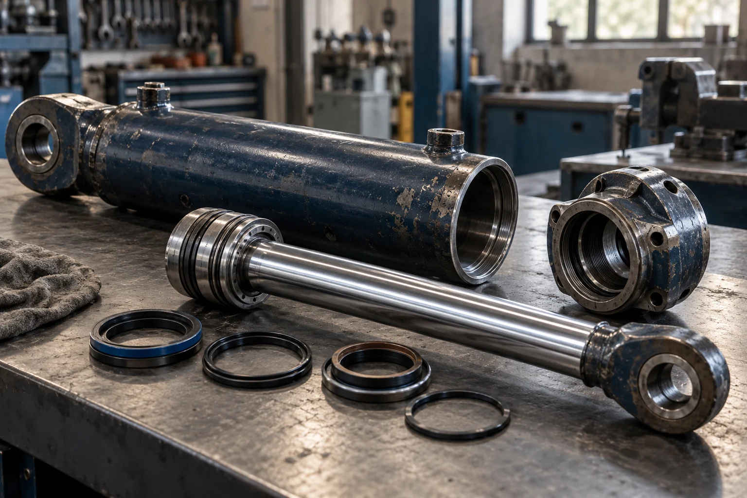 Zerlegter Hydraulikzylinder mit Kolbenstange und Dichtungen auf einer Werkbank — KI-Visualisierung.