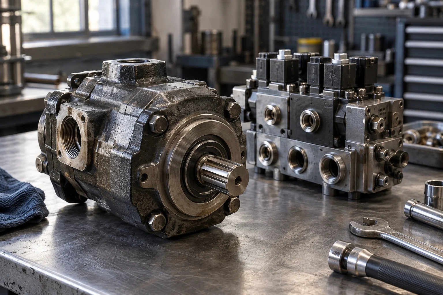 Hydraulikpumpe und Ventilblock auf einer Werkbank — KI-Visualisierung.