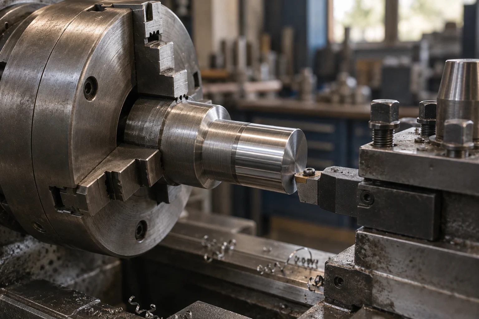 Drehmaschine mit eingespanntem Schaft und Drehmeißel zur Metallbearbeitung — KI-Visualisierung.