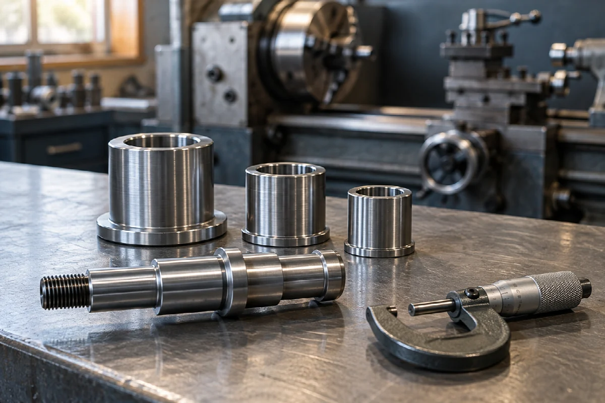 Gedraaide bussen en een as met een micrometer op een werkbank — AI-visualisatie.